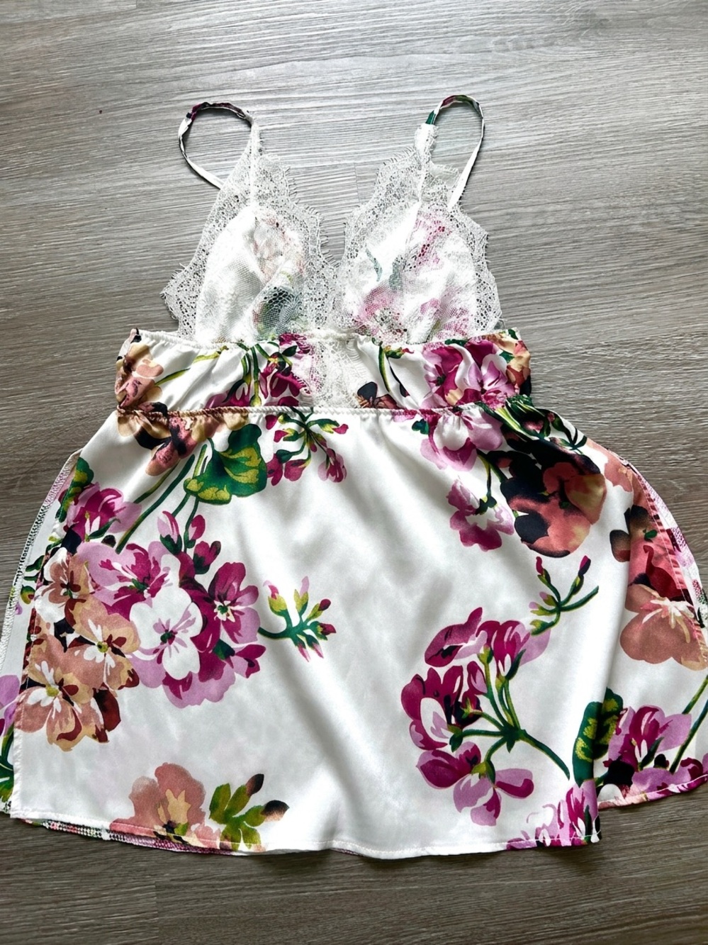 Floral Lace Trim silky Camisole Tank Top- White with Pink & Green Floral- size M